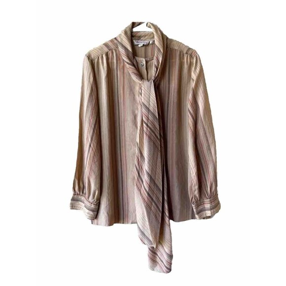 Evan Picone womens Vintage Tie Neck Blouse size 14 Beige Striped Long Sleeve Top - Picture 1 of 4
